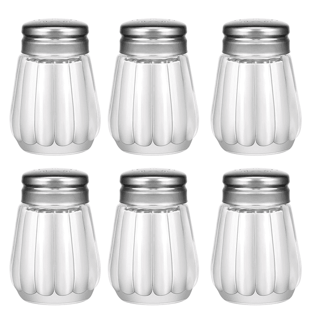 Mini Salt and Pepper Shakers with a capacity of 0.5 oz (15 ml) each, featuring a superior glass jar construction and stainless steel caps with a smooth mirror finish. The set includes six shakers with an elegant, fluted design, ideal for all types of salts and peppercorns. Compact dimensions of 1 3/4 inches in height, length, and width make them perfect for dining and entertaining. Dishwasher safe for easy cleaning.