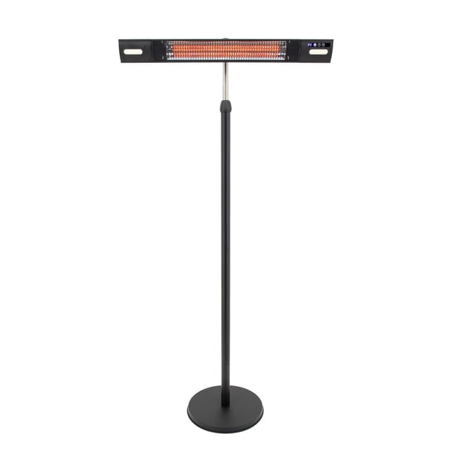 EnerG+ Chauffage Extérieur Électrique Infrarouge Autonome avec Hauteur Réglable de 60 à 72 Pouces, Doté d'Un Poteau Noir et d'Une base Ronde, Élément Chauffant Infrarouge horizontal avec Ampoule à Serpentin Carbone orange Lumineux, Deux Lumières DEL Ambiantes et Panneau de Commande Numérique avec Télécommande pour Usage Extérieur et Intérieur.