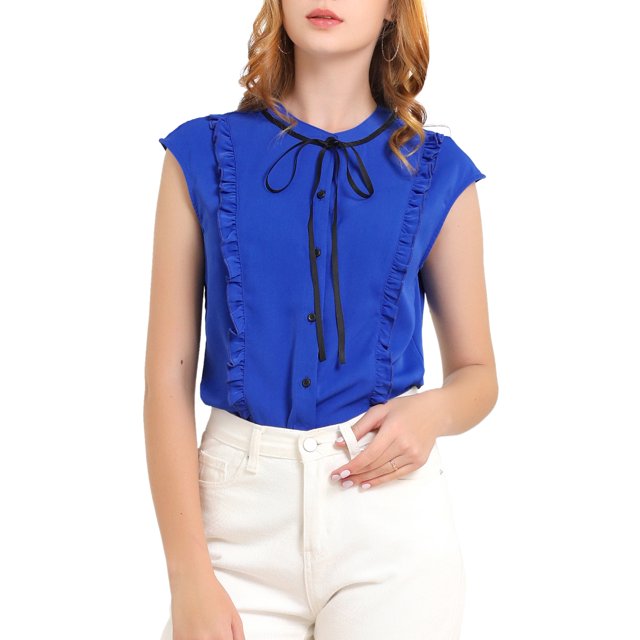 INSPIRE CHIC Women's Tie Neck Cap Sleeve Button Down Ruffle Summer Shirt