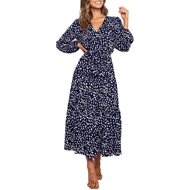 Women's Boho Leopard Print Ruffle Long Sleeve V Neck Casual Flowy Party Maxi Dress