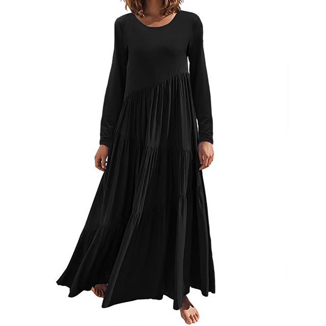 Long Sleeve Dress Women Womens Solid Color Loose Long Sleeve Long Dress Round Neck Asymmetric Layered Beach Long Dress Womens Long Sleeve Dress Cold Shoulder Dress for Women