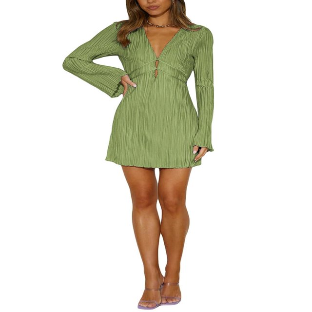 Robe Courte à Manches Longues à Volants Col en V Profond Printemps Été pour Femmes
