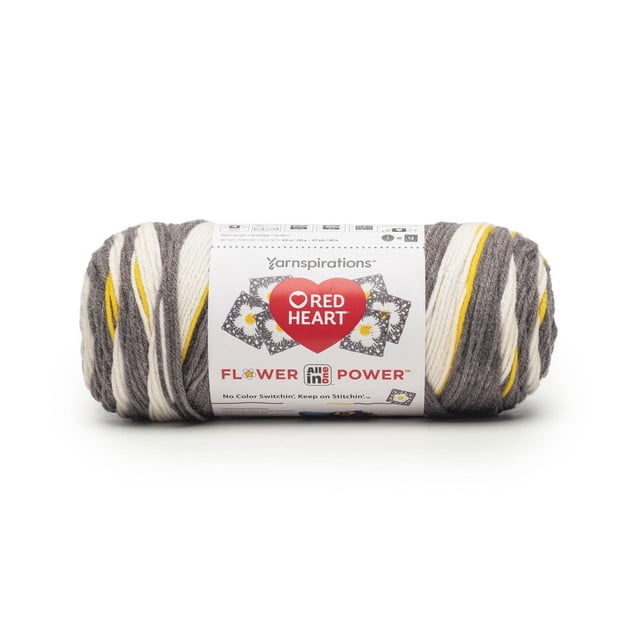 Red Heart® Tout-en-un Flower Power™ #4 Écheveau de Fil Acrylique Worsted (Moyen) avec Rayures Grises, Blanches et Jaunes d'Ingénierie, Étiqueté avec le logo Red Heart et des motifs Floraux, Conçu pour Crocheter des motifs de Fleurs Continus avec Moins de Changements de Couleur et d'Extrémités à Tisser, Convient à des Projets d'Artisanat Polyvalents.