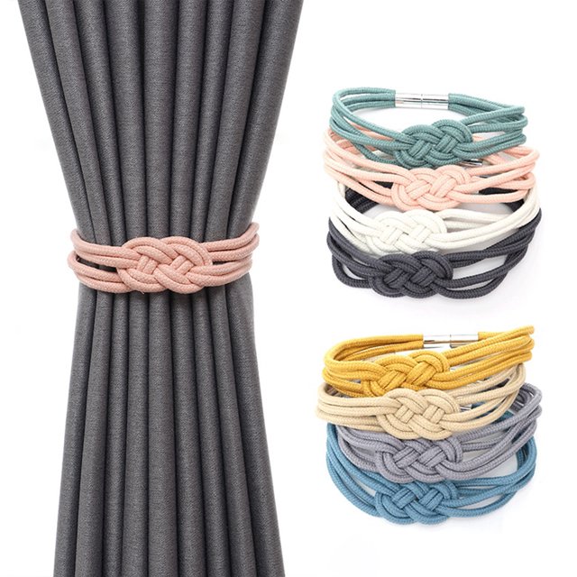 2Pcs Curtain Tieback Rustproof No Drilling Cotton Rope Hand Woven Curtain Buckle Clip for Home. Hand-woven cotton rope design with retro style, rustproof and easy to install without drilling. Includes two tiebacks, each 55cm long, ideal for curtain holdbacks in bedrooms, living rooms, kitchens, and other spaces.