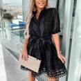 thumbnail image 1 of Nouvelle Robe de Soirée pour Femmes à Broderie, Col Montant Ajouré, Printemps, Manches Courtes, Mini-Robe à Simple Boutonnage, Robe Chemise Aguichant en Dentelle pour le Bureau, 1 of 7
