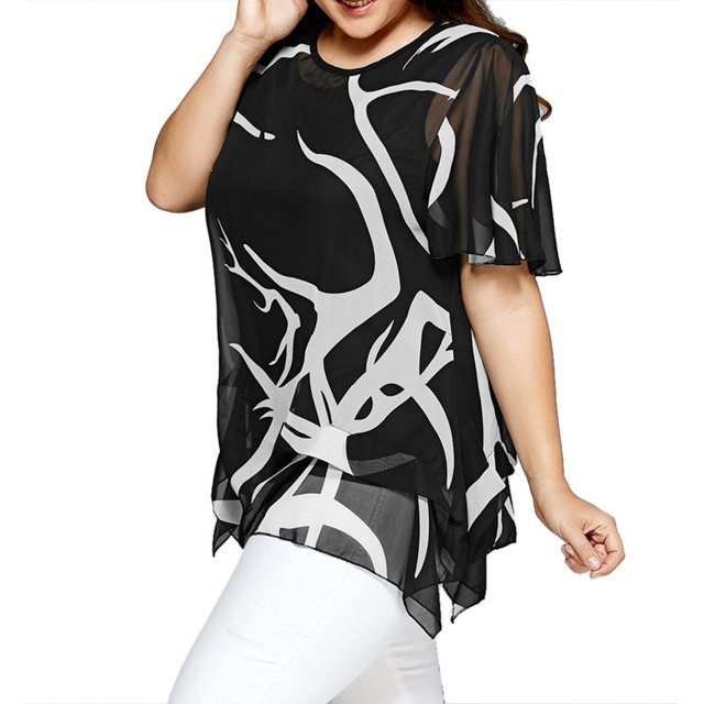 Plus Size Blouse Women Blouse Flared Sleeve Irregular Hem Colorblock Plus Size Top