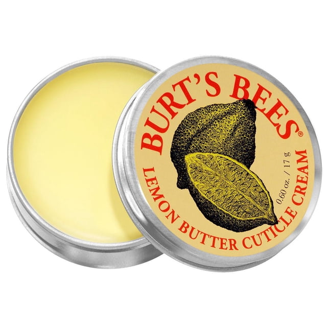 Burt's Bees Crème pour Cuticules au Beurre de Citron dans une Petite Boîte Ronde Argentée avec Couvercle Partiellement Ouvert Montrant une Crème Jaune Pâle, Présentant un Couvercle beige avec Texte Rouge et une illustration de Citron, 0,60 oz (17 g). Cette Crème Naturelle de Soin des Cuticules Nourrit et Adoucit les Ongles et les Cuticules avec Vitamine E, Huile de Tournesol et Huile d'Amande Douce, Convient pour Hydrater les Cuticules Sèches.