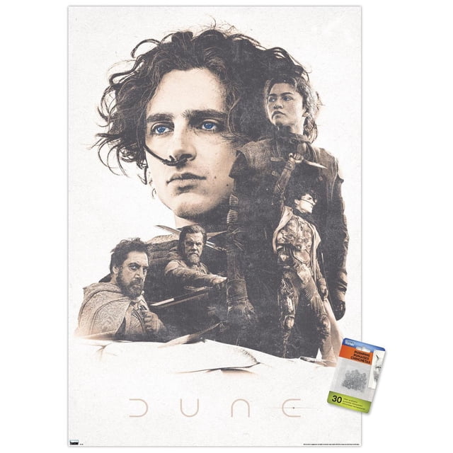 Dune: Part 2 - Group Wall Poster, 22.375" x 34", featuring a high-resolution glossy sepia-toned collage of characters from the Dune movie in detailed costumes, suitable for decorating bedrooms, offices, or dorm rooms with included adhesive mounts for easy hanging.