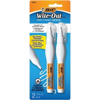 Stylo correcteur BIC Wite-Out Shake ‘n Squeeze, correcteur liquide de 8 ml, paquet de 2 stylos correcteurs blancs, stylo rapide, propre et facile à utiliser, fournitures scolaires ou de bureau