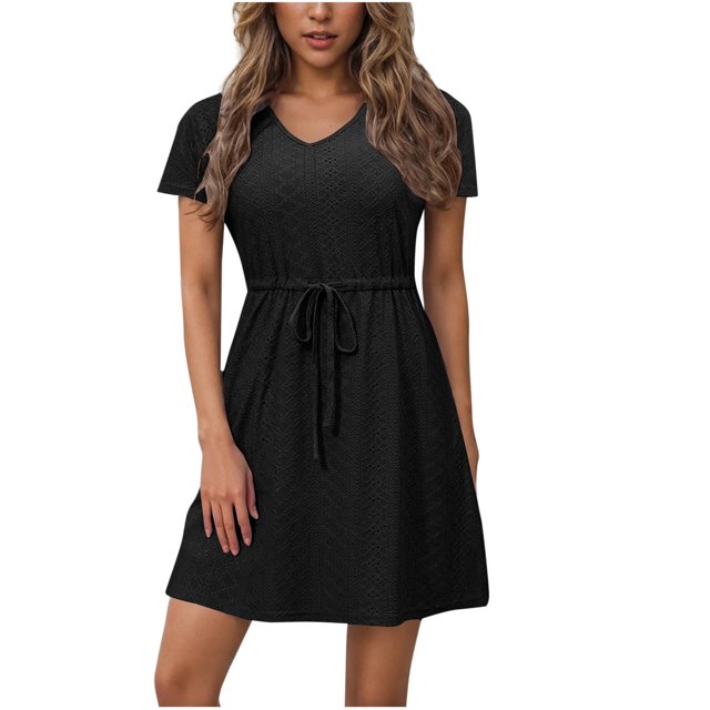 Dvprdro Robe d'Été Décontractée Unie à Manches Courtes pour Femme, Mode Élégante, Col en V, à Nouer, Robe Courte de Plage et Soleil