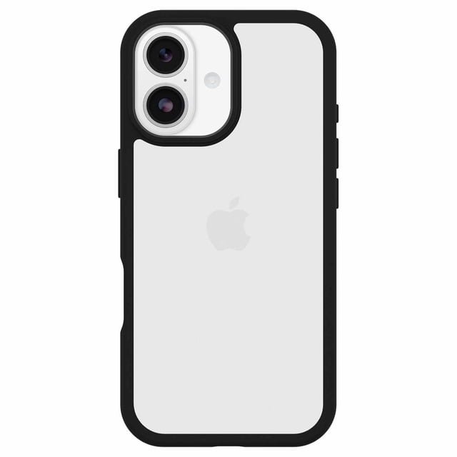 OtterBox Profile Case Black Crystal (Black) for iPhone 17 showing a centered rear view with a clear ultra-thin hard back and black soft-touch edges for grip, designed for drop protection and wireless charging compatibility, with precise cutouts for dual cameras and buttons.