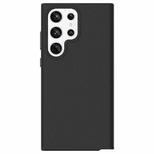 Blu Element Armour Rugged Case Black for Samsung Galaxy S25 Ultra featuring a textured black dual-layer shockproof design, cutout with silver trim for quad camera, electroplate side buttons, and rugged lightweight profile drop tested from 10 ft.