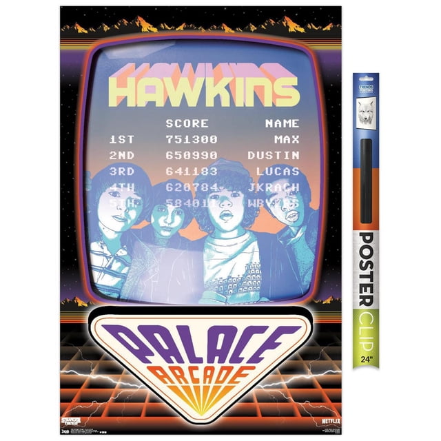 Netflix Stranger Things : Saison 2 - Affiche Murale d'Arcade de Palais, 22,375 Pouces x 34 Pouces Représentant un Écran d'Arcade Rétro avec le Mot « Hawkins » en Grandes Lettres Pixelisées Jaunes et Roses, une Liste de Pointage Élevé Mettant en Vedette Max, Dustin, Lucas et Autres, et un Plancher à Grille Néon sous un logo Triangulaire « Palace Arcade » en Violet et orange, Posé contre un Ciel Nocturne Étoilé avec des silhouettes de Montagne. Cette Affiche Convient pour Décorer