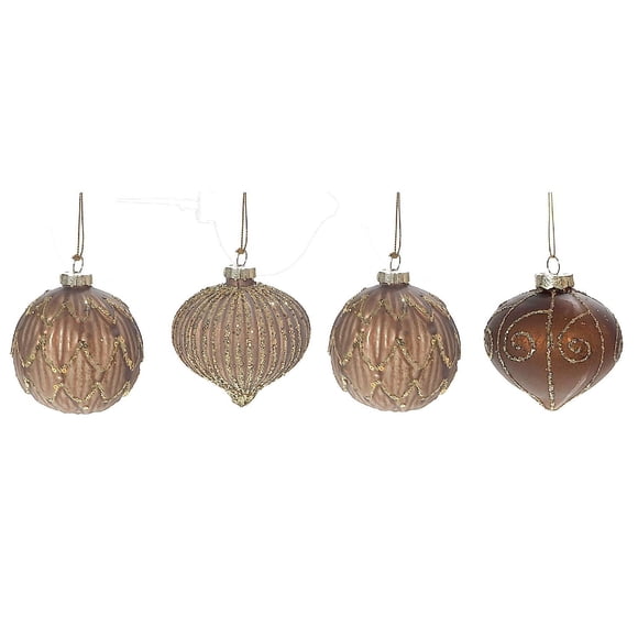 Ornement En Verre Marron Avec Paillettes Dorées - Lot De 12