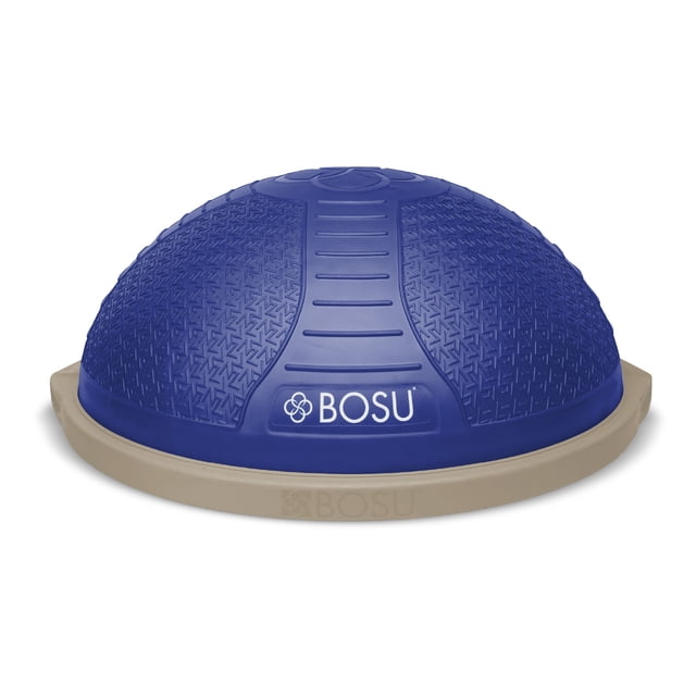 Bosu NEXGEN Balance Strength Trainer, a 26-inch home gym workout equipment in dusk color. The balance trainer features a textured blue latex dome with four quadrants for posture guidance and a sandstone-colored non-slip base. Designed for strength, flexibility, and cardiovascular workouts, it supports up to 300 pounds and includes a guided workout and inflation pump.