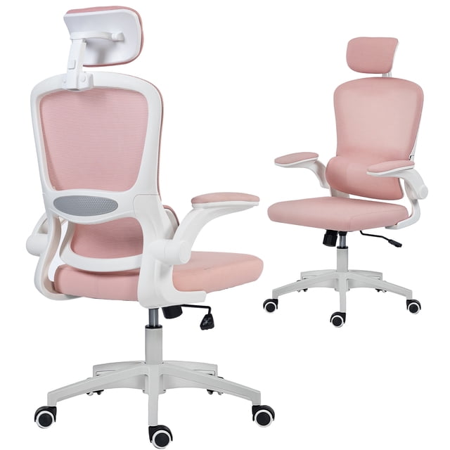 HOMCOM Chaise de Bureau Ergonomique, Chaise de Bureau Rose avec Conception à Double Dossier pour Soutien Lombaire et du Haut du Dos. Comprend un Appuie-Tête Réglable, des Accoudoirs Relevables, un Dossier en Maille Respirante, un Siège en Mousse à Haute Densité et une base Pivotante à 360° avec Roues en PU. Idéale pour les Espaces de Bureau Compacts, Offrant une Hauteur Réglable et une Fonction de Bascule.