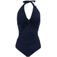 thumbnail image 3 of Maternity Swimwear One Piece Halter Pregnancy Swimsuit Solid Bathing Suit with Drawstring Adjustable Navy(3XL, 3 of 9