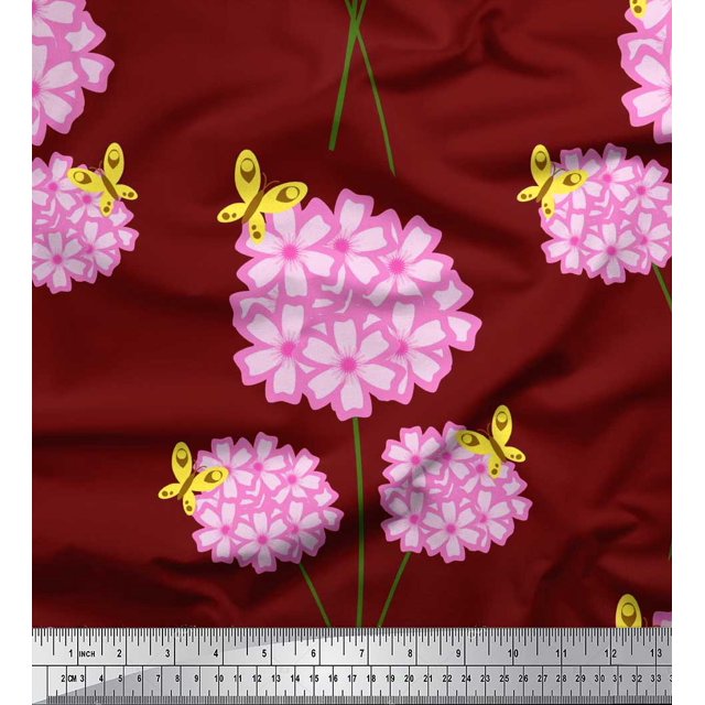 Soimoi Red Moss Georgette Fabric Insect & Floral Artistic Printed Fabric 1 Yard 42 Inch Wide