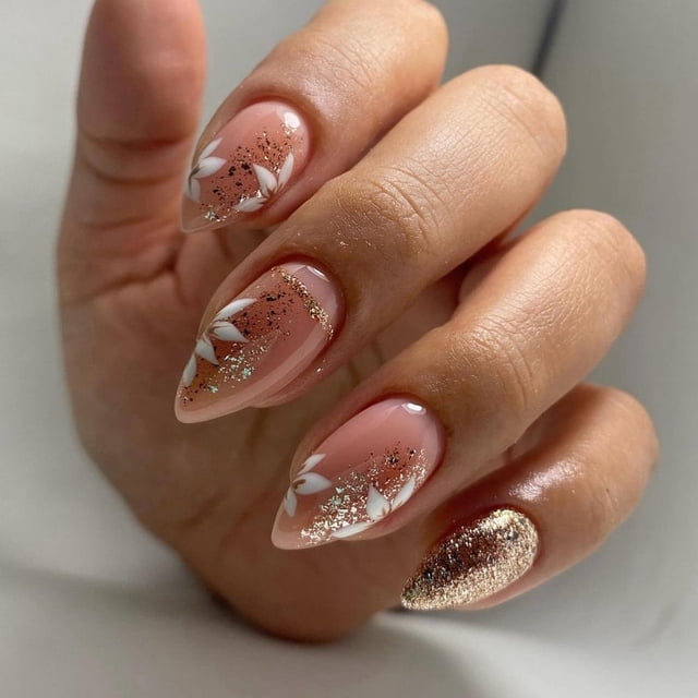 HLONK 24Pcs Gel Press on Nails Gel French Long Fake Nails Press on Tips With Glue Rhinstone with Butterfly NO.13