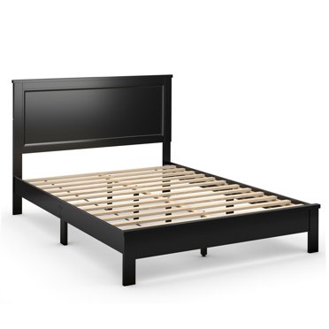 Gymax Cadre de Lit Format Grand Plateforme à Lattes Tête de Lit Haute Chambre Pieds en Bois de Caoutchouc Noir