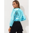 thumbnail image 4 of INSPIRE CHIC Blouson Bomber à Fermeture à Glissière Léger Métallique à Col Montant Holographique pour Femme Bleu P, 4 of 5