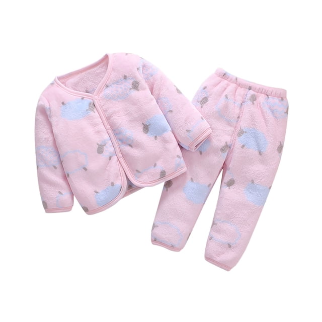 Newborn Baby Boy Girl Cute Print Flannel Multicolor Cardigan Flannel Suit made of soft pink flannel with a printed design of blue and grey sheep. Includes a long-sleeve O-neck cardigan and matching pants, available in sizes for ages 0-3 months to 2-3 years. Perfect for baby girl clothing, providing comfort and warmth for newborns and toddlers.