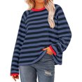 thumbnail image 4 of Hauts pour Femmes à Rayures Col Ras du Cou Manches Longues T-Shirts à Blocs de Couleur Automne Décontracté Ample Confortable Blouse, 4 of 5