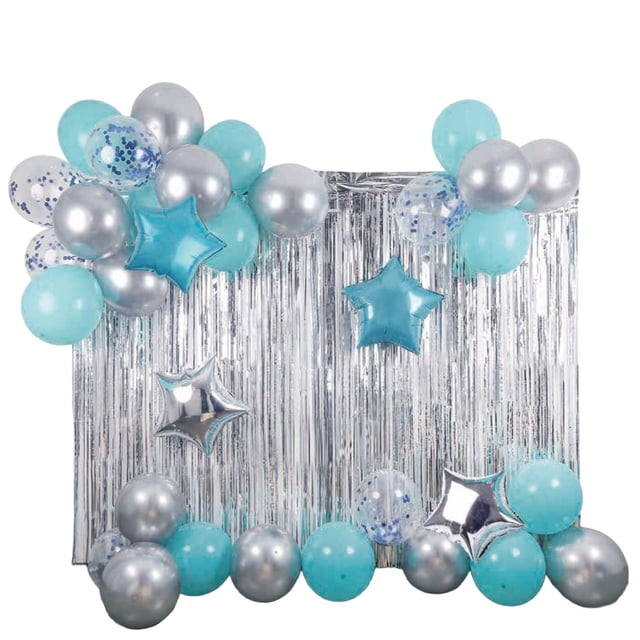 Way to Celebrate! Door Curtain Balloon Set with two silver fringe curtains decorated with clusters of silver, blue, and transparent balloons with blue confetti, including silver and blue star-shaped balloons, suitable for party decorations and hanging decor.