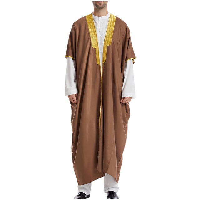 Pisexur Renaissance Costume Men's Muslim Robe Arab Middle Robe Long Style Long Sleeve Embroidered Standing Neck Pocket Long Shirt Fashion Casual Robe Medieval Costume