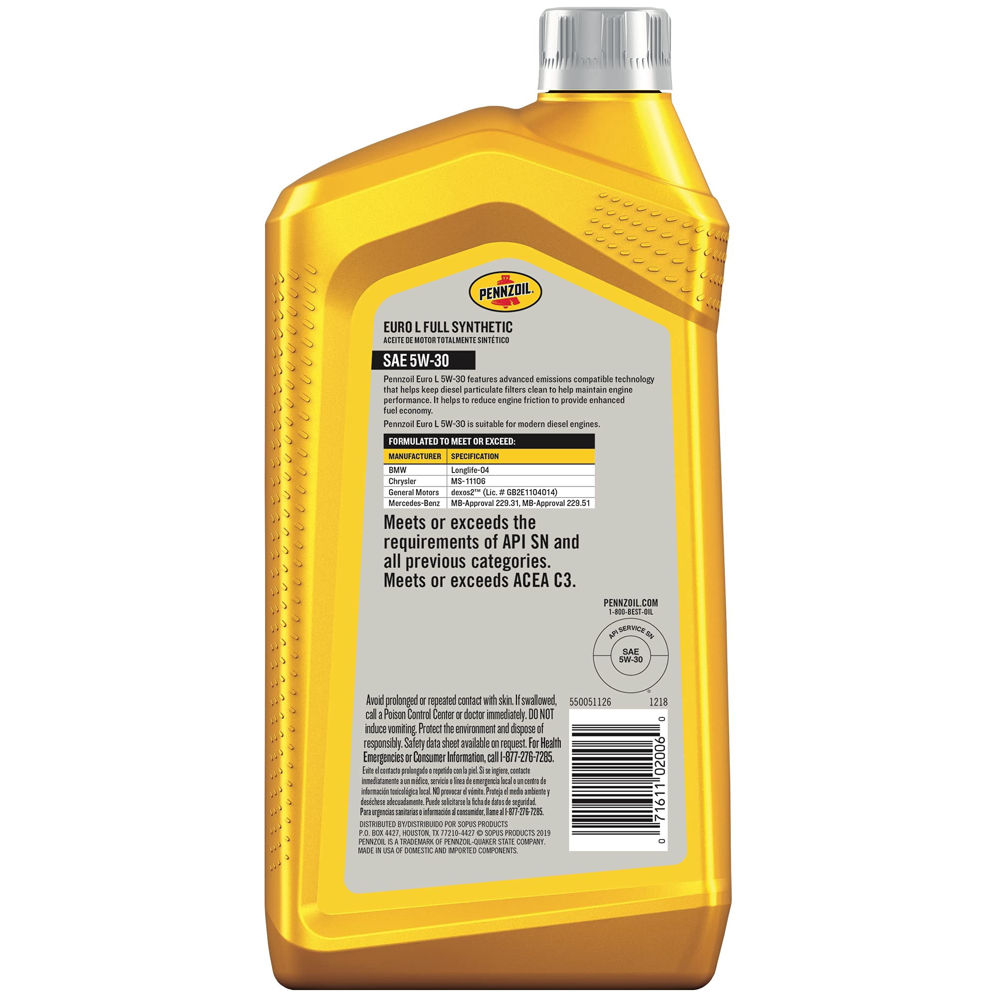 Pennzoil Platinum Euro L Full Synthetic 5W-30 Motor Oil (1-Quart