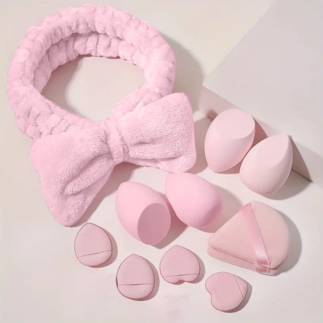 CHUANK 11-Piece Makeup Sponge and Powder Puff Set with Headband Soft Triangular Mineral Powder Puffs for Face Makeup Pure Cotton Blender Tools for Creams Powders and Concealer Applica