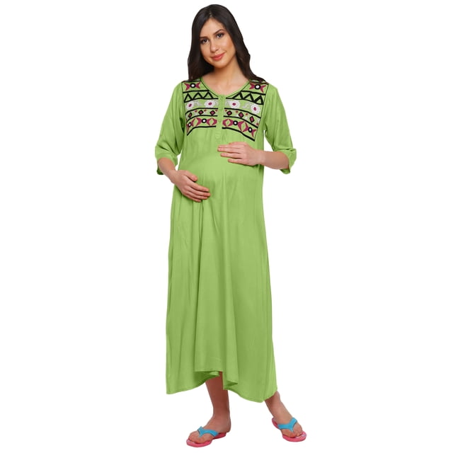 Moomaya Womens Maternity Embroidered Maxi Dress With Button Placket Clothing