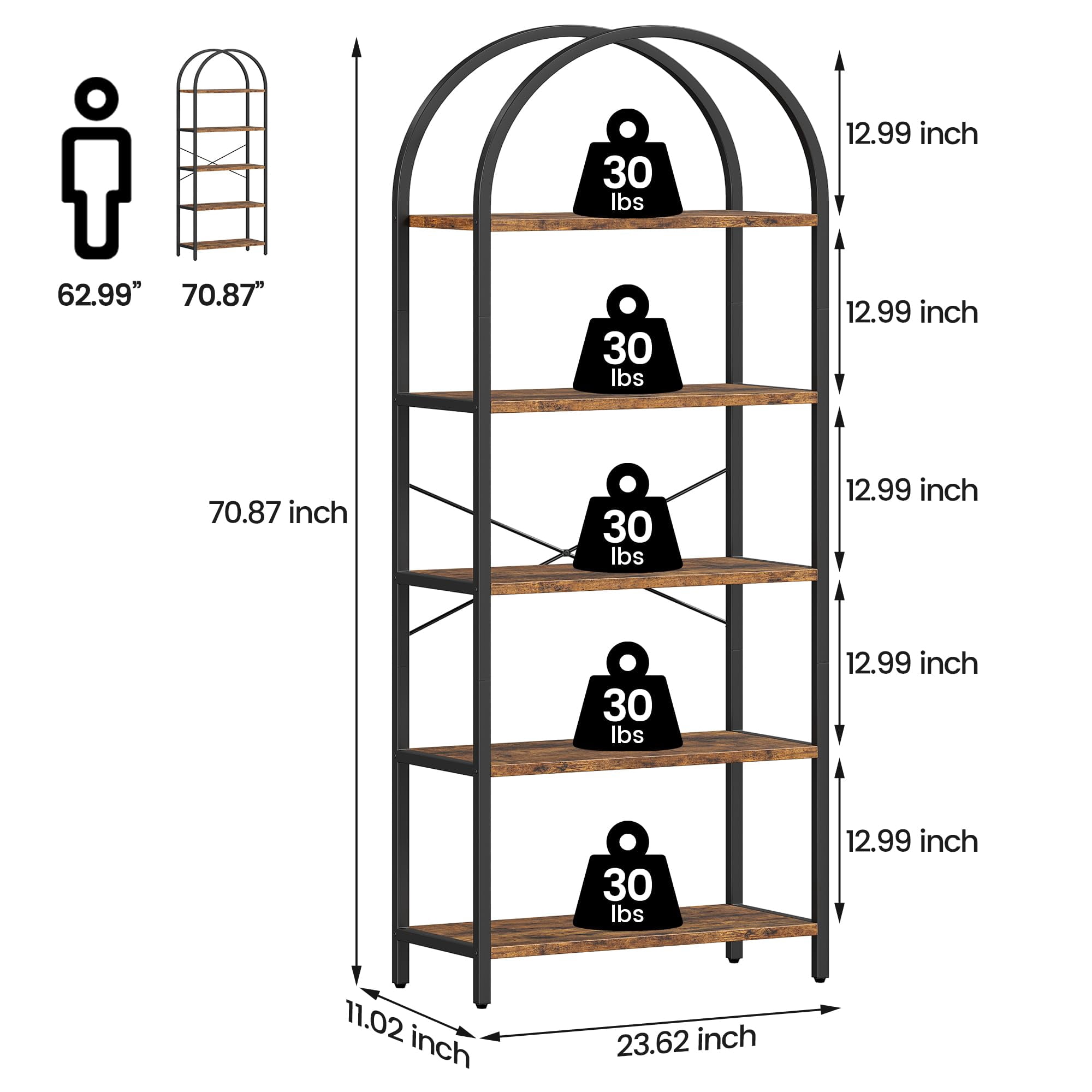 Cherish Arched Bookshelf 5 Tier Bookcase Display Racks Tall Bookshelves Modern Storage Rack Shelf Large Wood Book Shelf for Bedroom, Living Room, Home Office