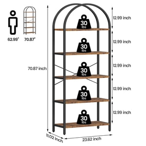 Cherish Arched Bibliothèque 5 Tablette de rangement moderne Grande étagère de livre en bois pour chambre, salon, bureau à domicile