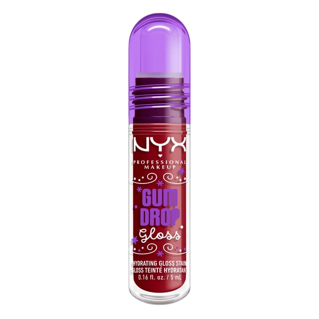 NYX Professional Makeup Brillant à Lèvres Gomme des Fêtes Éclaboussure de Canneberge dans un tube Transparent avec un Bonnet Arrondi Violet, Présentant des Lettres Festives Violettes et Blanches et des Décorations d'Étoiles, Contenant 0,16 fl oz. Gloss Hydratant avec pigment Audacieux et Fini Lustré.