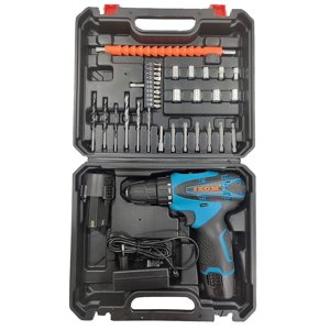12v Ensemble de perceuses sans fil 38 Dans l'étui à moisissure, en fibre bleue, en li-ion; capacité Chuck, perçages, marteau à ruban, pince, tournevis, conception ergonomique, 1 N Outil de kit de machine à percer
