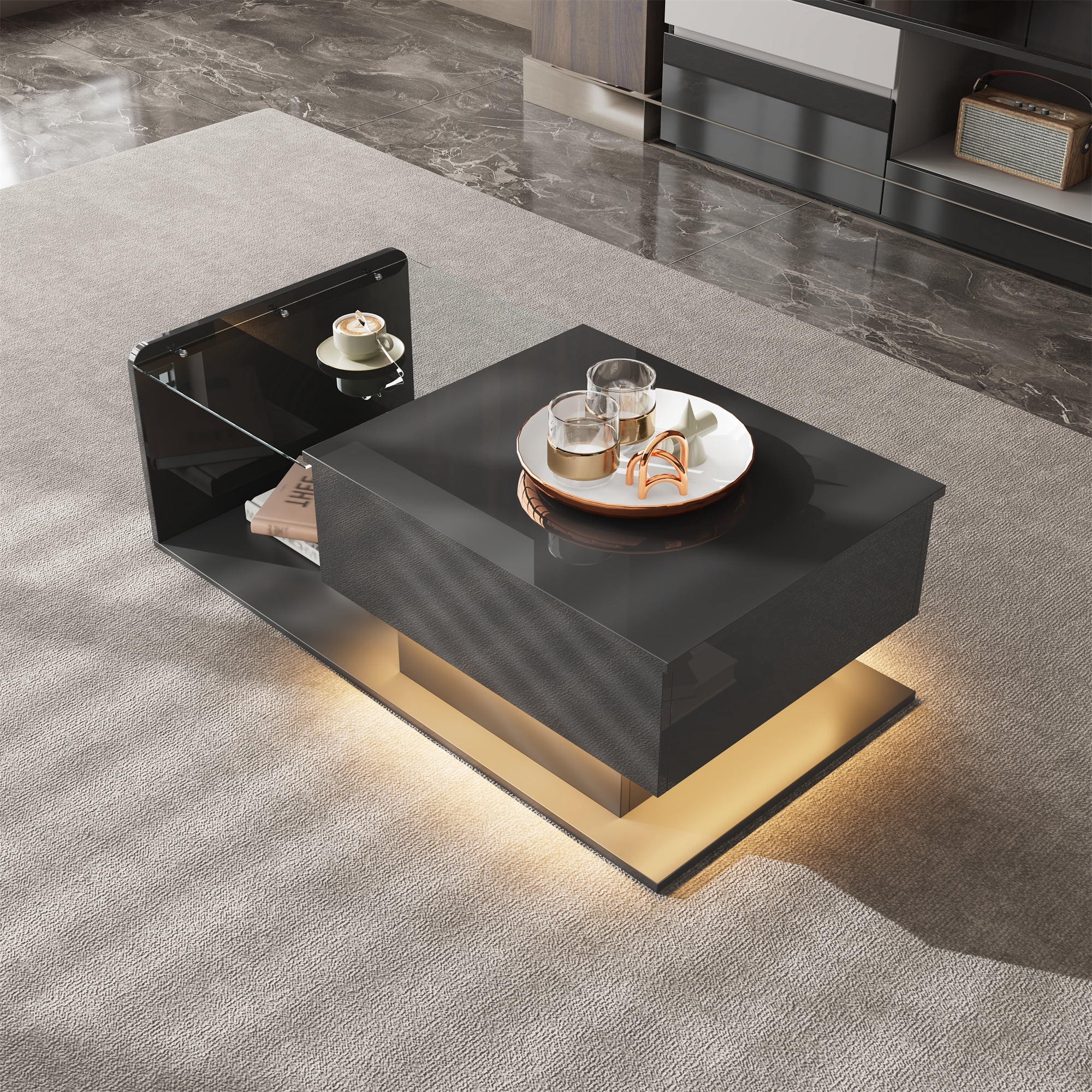 Noble House Table Basse Élévatrice Brillante, LED Contrôlé par Application et Hauteur Réglable avec Dessus en Verre et Rangement, Noir