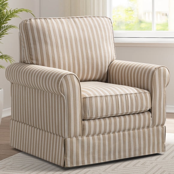 Bonzy Home  360° Swivel Accent Chair, Modern Armchair with Thick Padded Backrest & Seat Cushion, Fabric Upholstered Arm Chairs for Reading, Single Sofa Chairs for Living Room, Bedroom, Brown Stripe