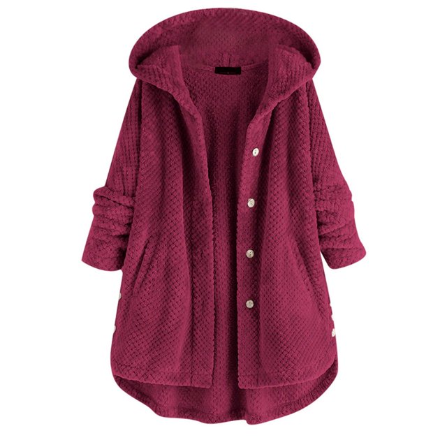 Women Fleece Irregular Long Sleeve Button Pocket Hooded Coat