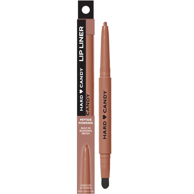 Hard Candy INSTA POUT Lip Liner in nude brown with a retractable crayon tip and built-in blending brush, peptide-powered to plump and soften lips, shown with matching rectangular packaging in black and nude brown, ideal for defining lips or as a base for plumping gloss.