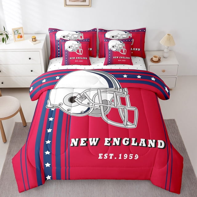 YST American Football City 7-Piece Comforter Set with Sheets, Red Blue, Queen Size, Football Player Helmet Design, Polyester, Comforter & Duvet Type, 7 Count