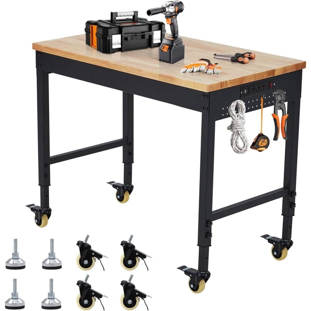 EDTara 48" X 24" Workbench for Garage,Adjustable Work Bench for Garage,Office,Home,Workshop,Woodworking,Rolling Heavy-Duty Worktable with Power Outlet and Lockable Wheels,Rubber Wood Top Shop Table