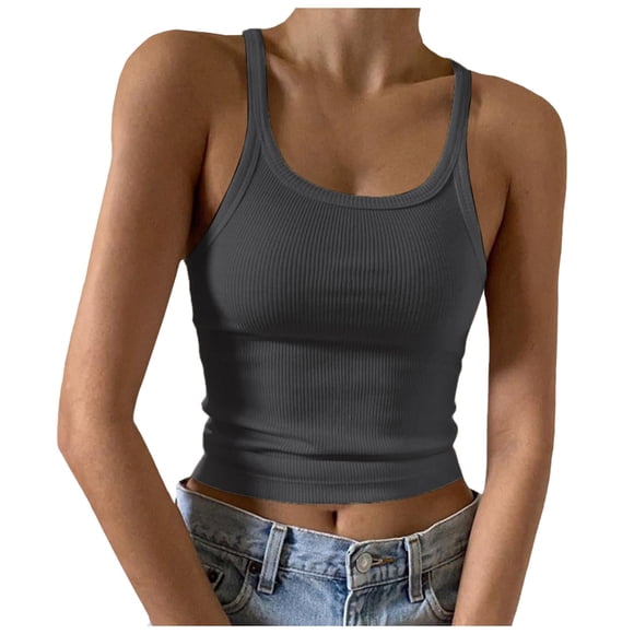 GDREDA Tank Top Women Independence Day Flag Print Sleeveless Top Casual Knit Shirt Vest Round Neck Splice Tanks Women's Tanks & Camis Dark Gray,L