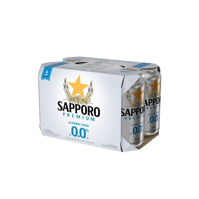 Sapporo Premium Alcohol Free Beer six-pack with 355 ml silver cans featuring a gold star logo and blue text indicating 0.0% alcohol volume, low calorie content, and natural flavors, suitable for non-alcoholic beer drinkers seeking real beer taste.