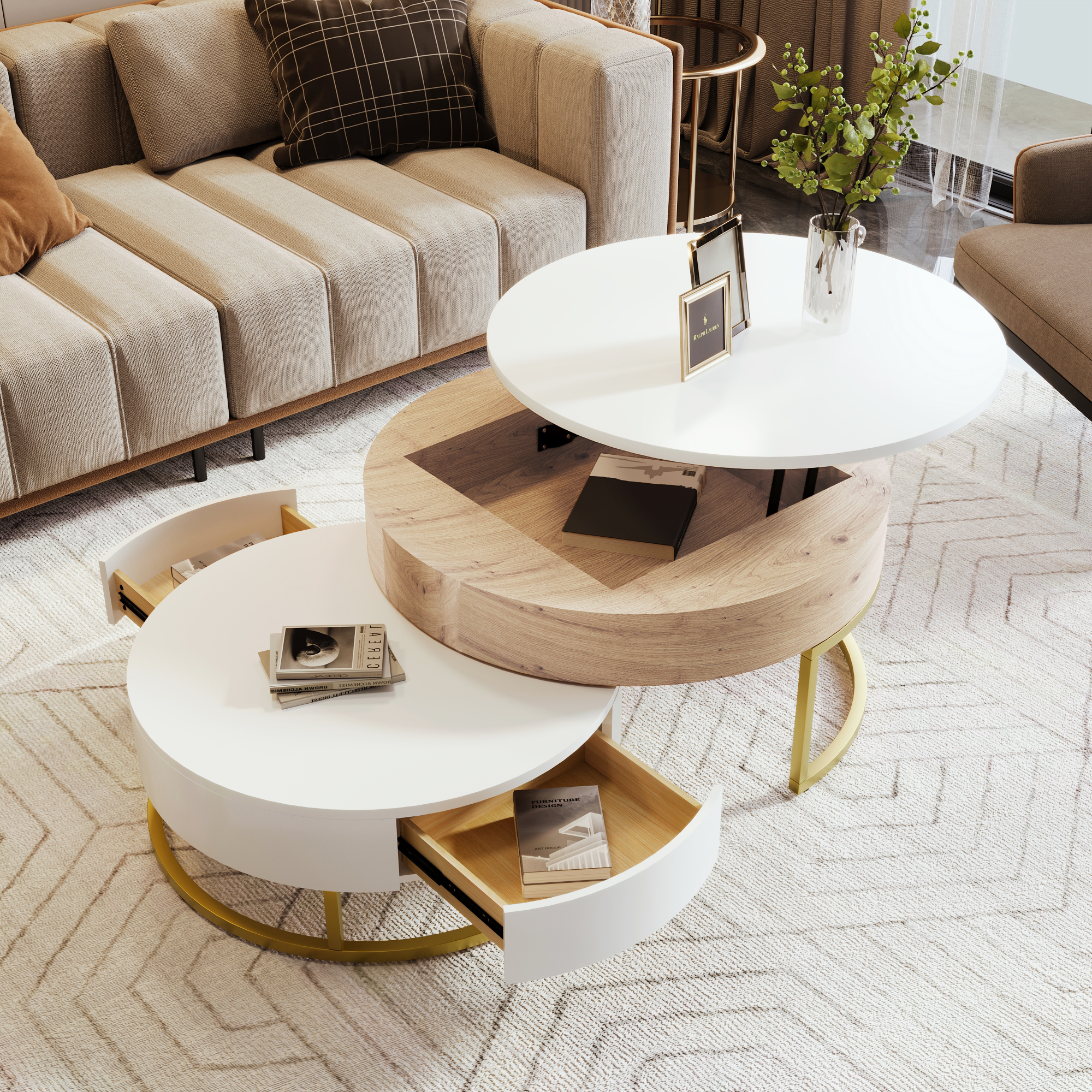 Kosynda Round Nesting Coffee Tables Set of 2 with Storage, Lift-top Circular Center Table Set with 2 Drawers and Metal Frame for Living Room, Home, Apartment, Office, White