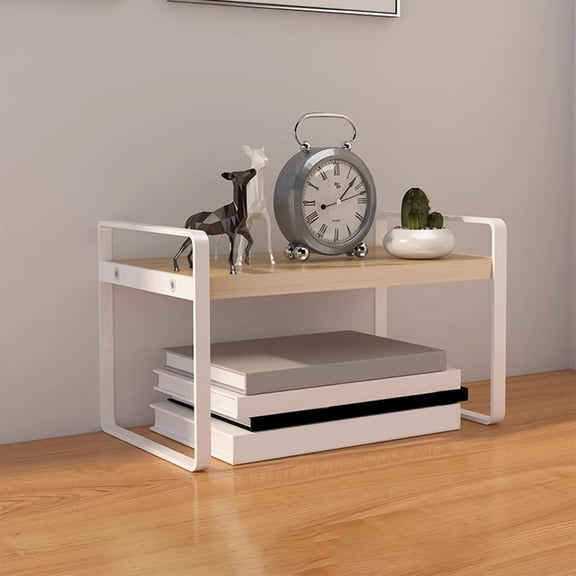 Desktop Storage Rack, Double Layer Iron and Wood Bookshelf for Desk, Student Office Organizer with 2 Tier Shelves, Small Book Stand for Home Office Bedside Table, Metal Frame with Wooden Boards