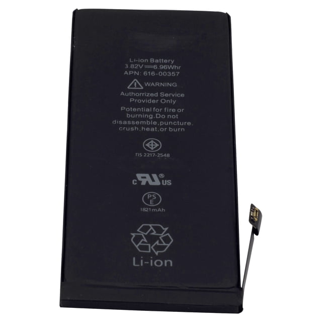 Replacement Battery 1821mAh Li-Ion for Apple iPhone 8, featuring a black design with factory-tested quality. The battery has a capacity of 1821mAh and is compatible with Apple iPhone 8. It includes safety warnings and certifications printed on the surface, ensuring reliable performance.