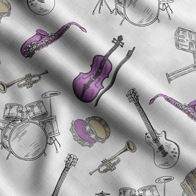 Soimoi Musical Instruments Print, Silk Fabric, Decor Sewing Fabric by The Yard 42 Inch Wide,Decorative Fabric for Shirts Suits Ties, White