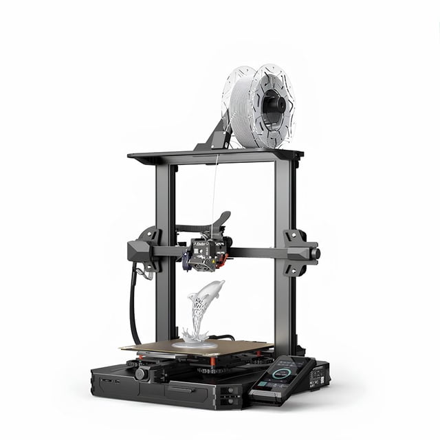 Creality3D Ender 3 S1 Pro 3D Printer with high-temperature nozzle, CR Touch automatic leveling, and PEI magnetic platform. Features a compact design with a build volume of 220x220x270mm, a 'Sprite' all-metal dual-gear direct drive extruder, and a 4.3-inch color touch screen. Compatible with multiple filaments including PLA, ABS, PETG, TPU, and wood. Shown with a filament spool mounted on top and a 3D-printed dolphin model on the build plate.
