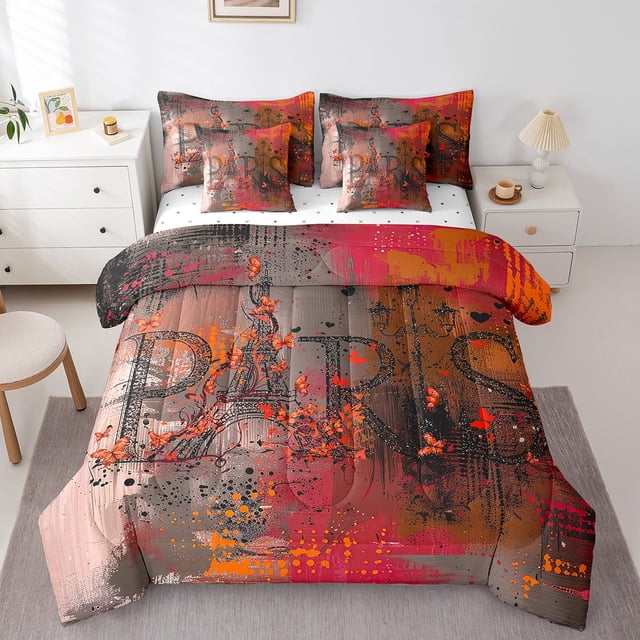 YST Paris Print Bedding Comforter Sets 7 Pieces Brown Red Bedding Set, Abstract Full Size Comforter Set (1 Comforter, 1 Fitted Sheet, 1 Flag Sheet, 2 Pillowcases, 2 Throw Pillow Covers)